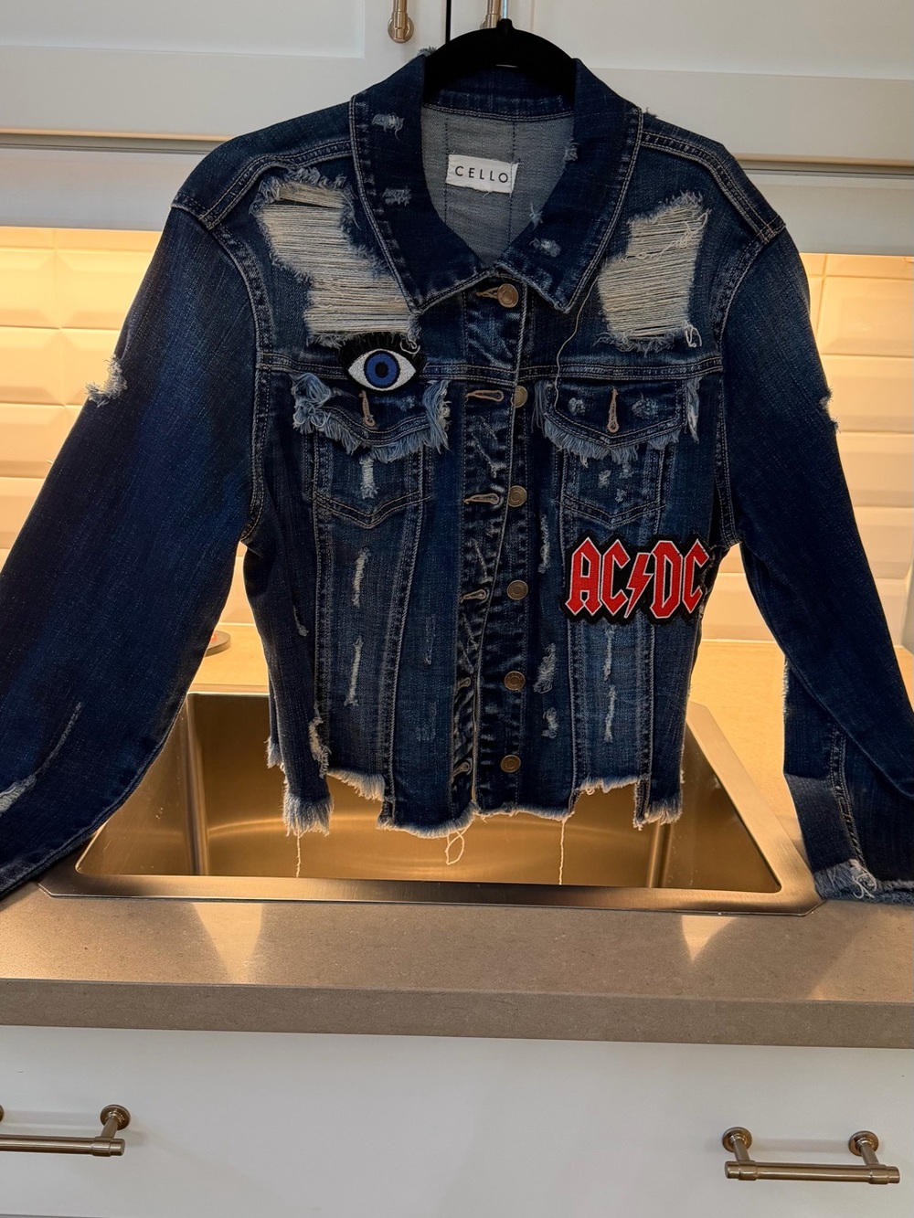Cello Distressed Dark Blue Denim Jacket with AC/DC Patch
